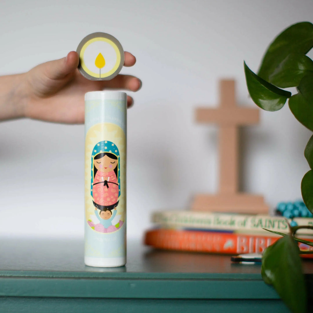 Our Lady of Guadalupe Wooden Prayer Candle - Shining Light Dolls