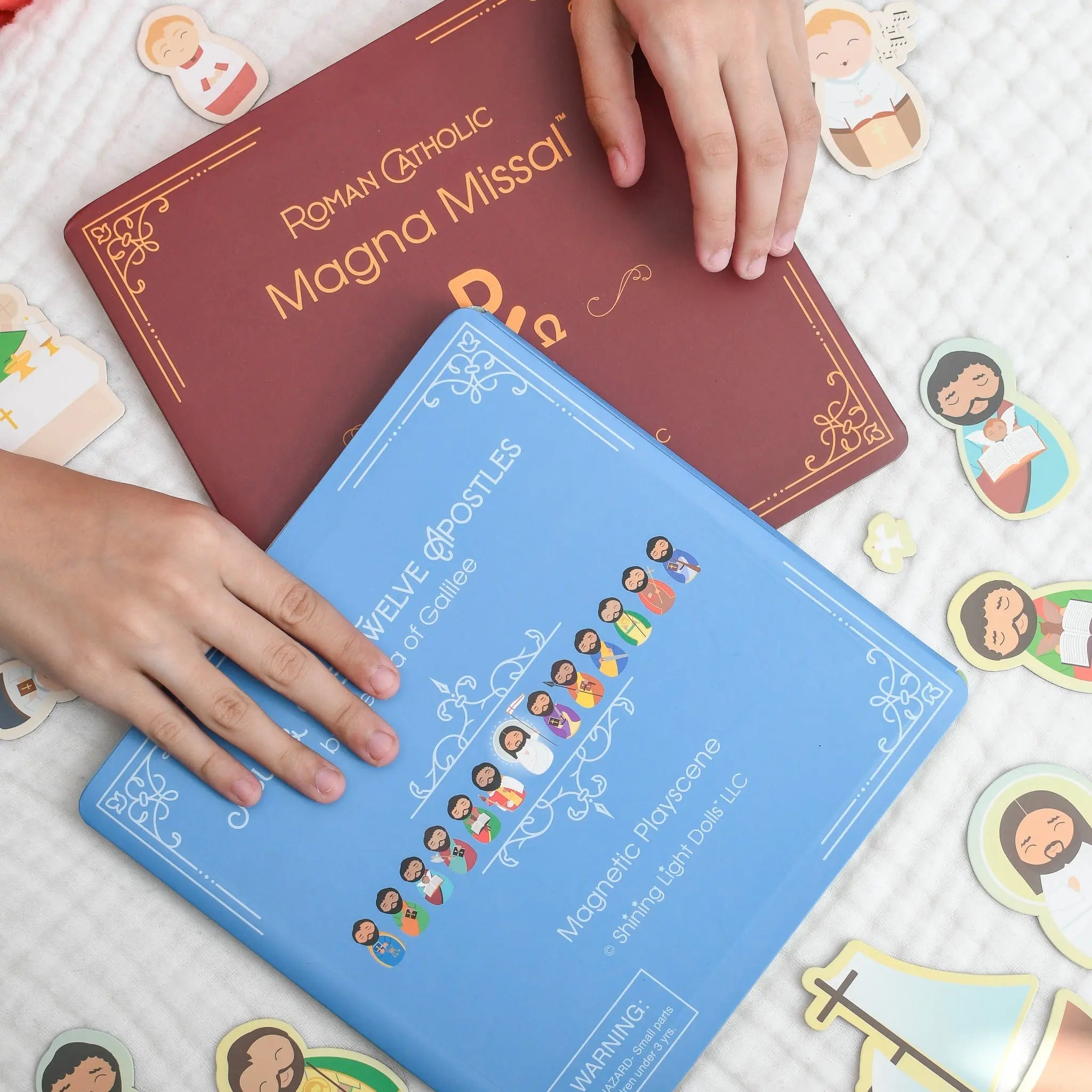 Catholic ABC blocks and plush angels with laughing children