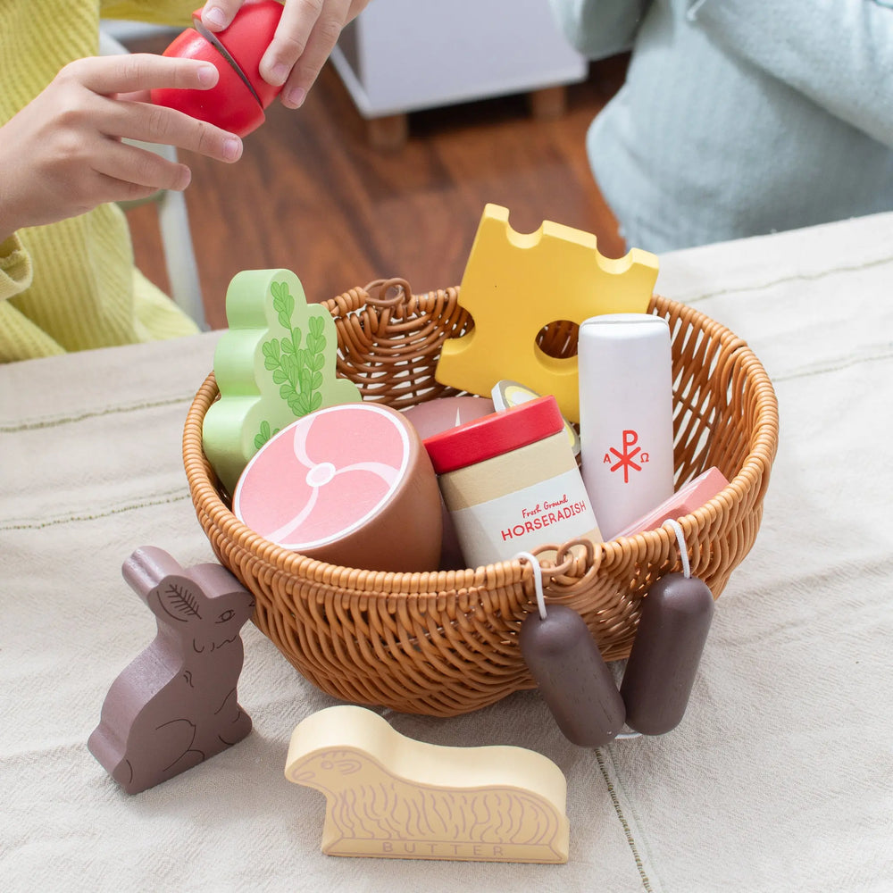 Holy Saturday Easter Basket Blessing Wooden Play Food Set- Mini Catholic Kitchen Shining Light Dolls