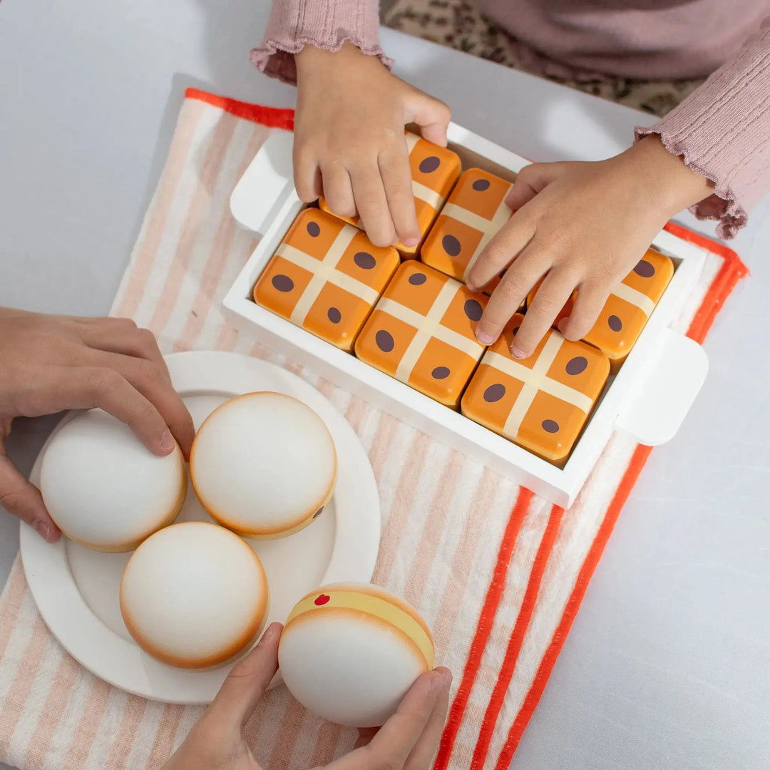 Hot Cross Buns Wooden Play Food Set- Mini Catholic Kitchen Shining Light Dolls