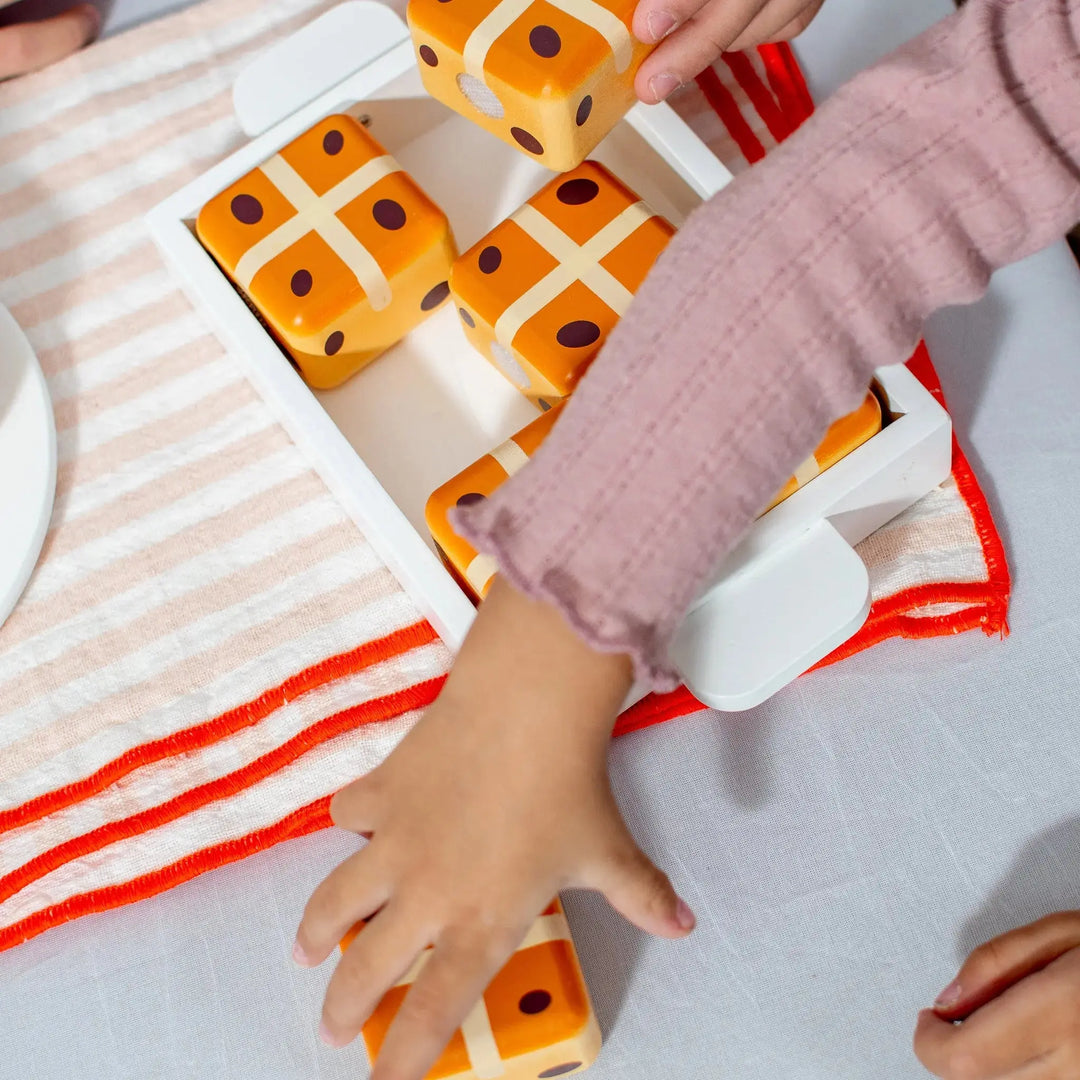 Hot Cross Buns Wooden Play Food Set- Mini Catholic Kitchen Shining Light Dolls