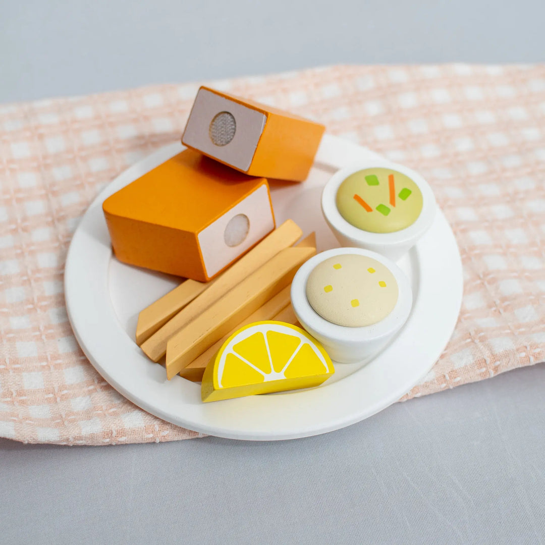 Lenten Friday Fish Fry Wooden Play Food Set - Mini Catholic Kitchen Shining Light Dolls