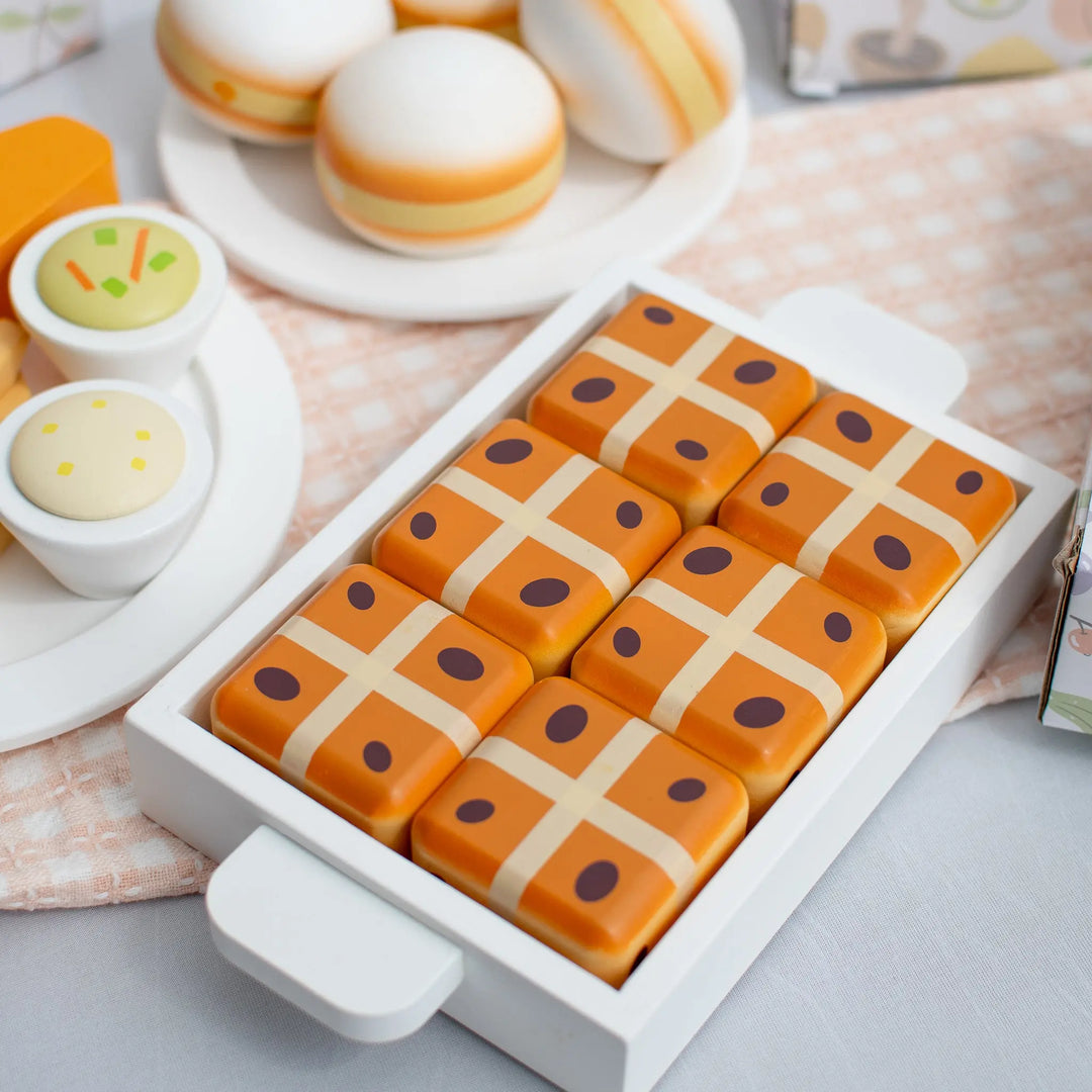 Hot Cross Buns Wooden Play Food Set- Mini Catholic Kitchen Shining Light Dolls