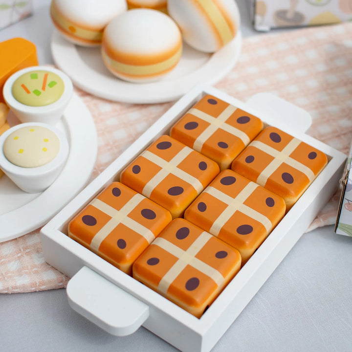 Hot Cross Buns Wooden Play Food Set- Mini Catholic Kitchen Shining Light Dolls