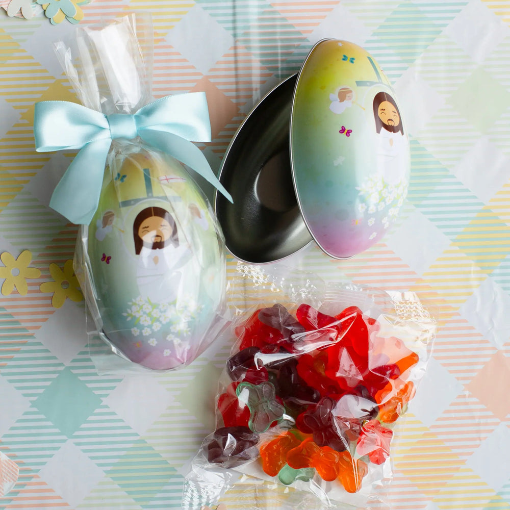 Gummy Candy Easter Egg Tin - Risen Christ and Paschal Lamb - Shining Light Dolls