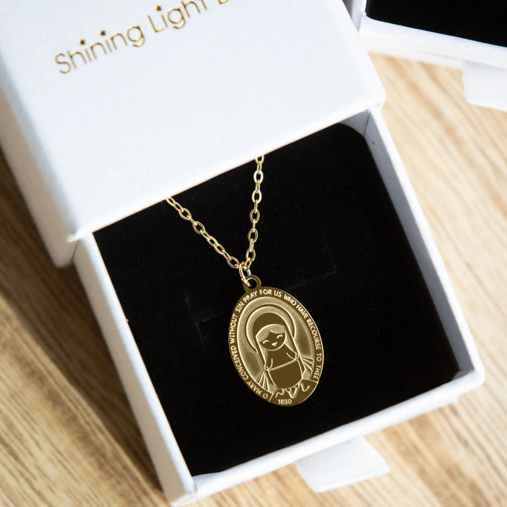 Miraculous Medal - 18K Gold over 316 Stainless Steel Shining Light Dolls