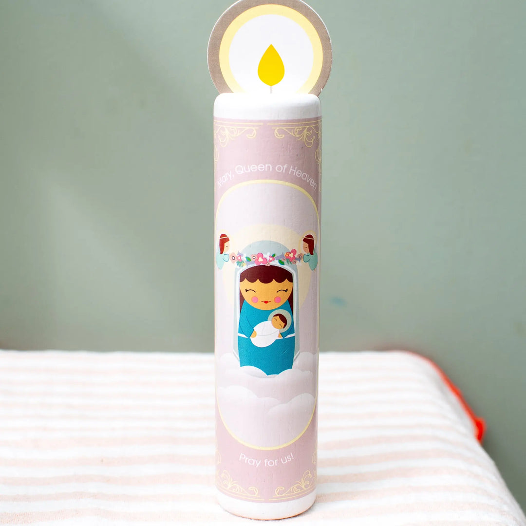 Mary Queen of Heaven (Hail Holy Queen) Wooden Prayer Candle Shining Light Dolls