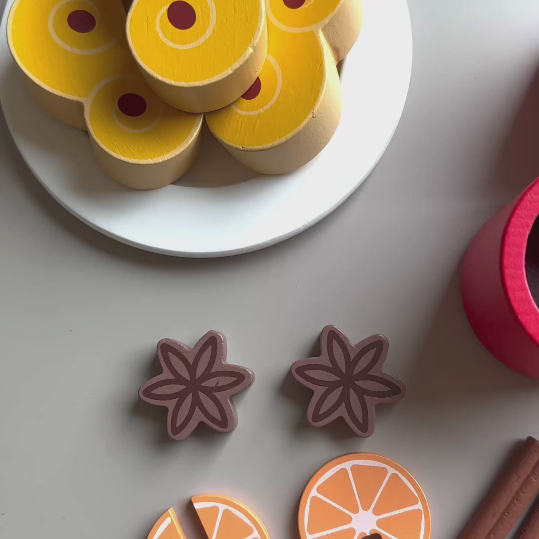 St. Lucia Buns (Lussekatter) & Swedish Glogg Wooden Play Food Set- Mini Catholic Kitchen