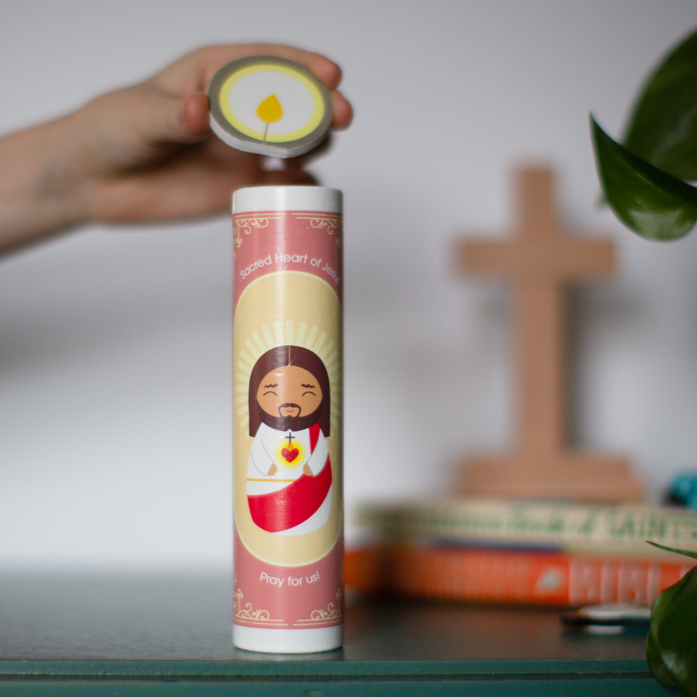 
                  
                    Sacred Heart of Jesus Wooden Prayer Candle - Shining Light Dolls
                  
                
