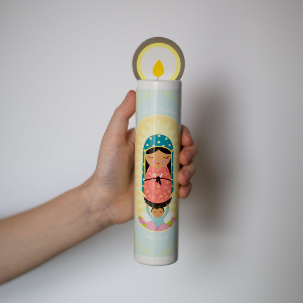 
                  
                    Our Lady of Guadalupe Wooden Prayer Candle - Shining Light Dolls
                  
                