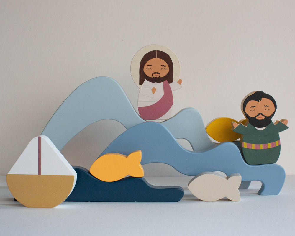 
                  
                    Jesus & St. Peter Walk on Water Wooden Wave Stacker Toy - Shining Light Dolls
                  
                