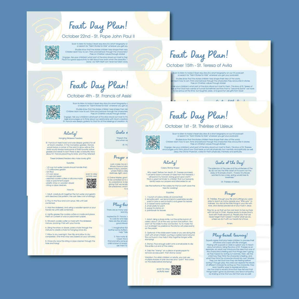 October Feast Day Plan Sheets - Digital Download - Shining Light Dolls
